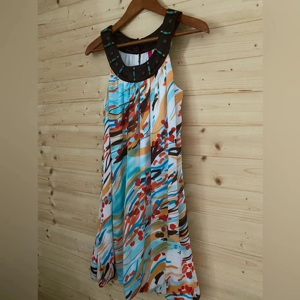 HEART SOUL Women's Small Multi-Watercolor Splash Beaded Collar Bubble Hem Dress